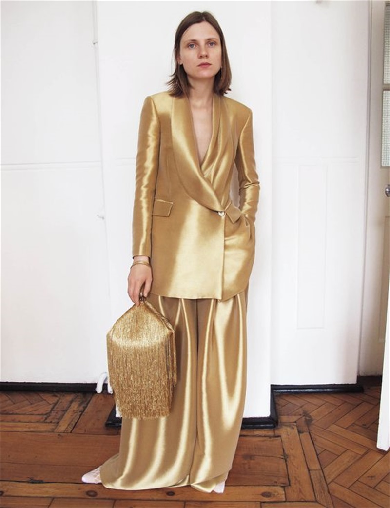 Women Formal Wear Blazer Set - Gold Silk Satin Women Suits Office