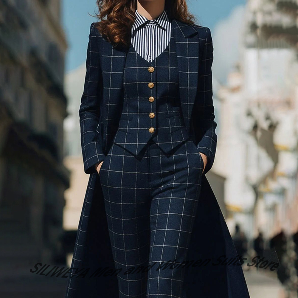 Women Formal Wear Shirt And Pant - Sophisticated Navy Blue Women's Plaid Blazers