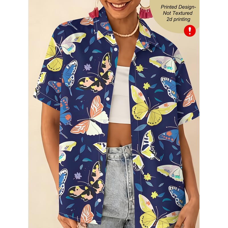 Women Formal Wear Stitching - Women's Butterfly Print Full-Body Button-Up Shirt