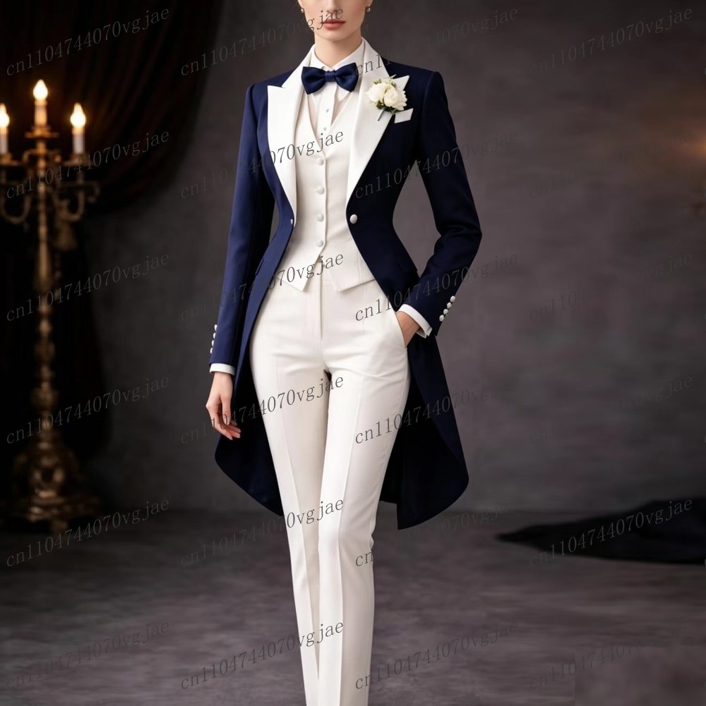 Blazer Set Women Formal - Navy Blue And White Long Women