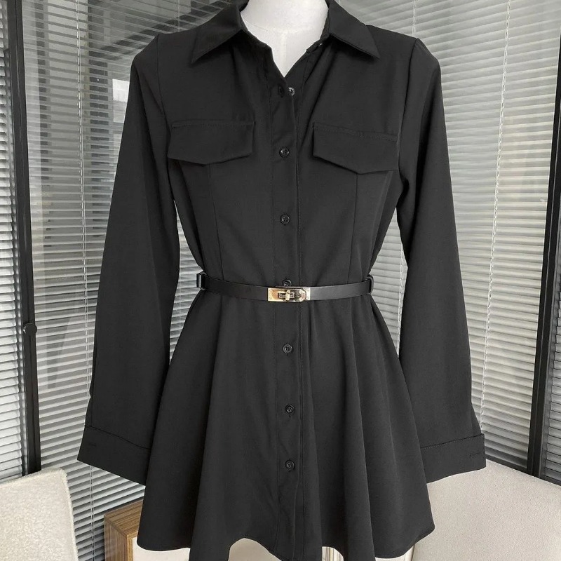 Women Formal Wear Stitching - Women's Black Shirt Dress Long Sleeve