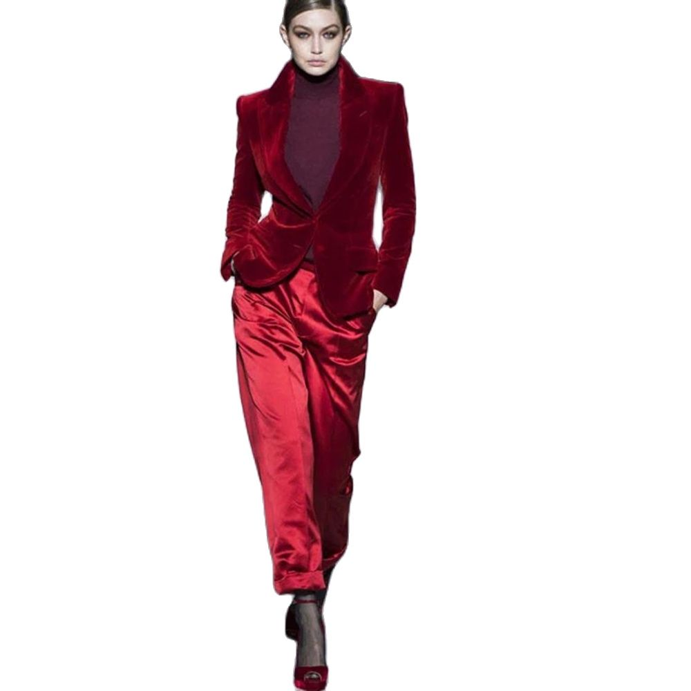 Women Formal Wear Business - Women Pant Suits Wine Red Velvet